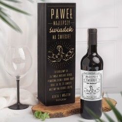 ZESTAW drewniana czarna skrzynia i etykieta na alkohol prezent dla świadka