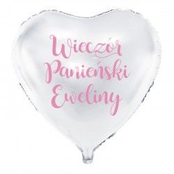 Biały balon foliowy w kształcie serca z napisem wieczór panieński i imię. 