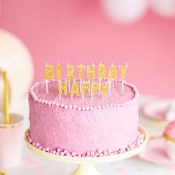 Złote świeczki napis happy birthday. Dekoracja tortu na przyjęcie.