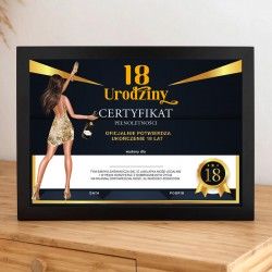CERTYFIKAT osiemnastolatki - prezent urodzinowy w czarnej ramce. Grafika z dziewczyną w złotej sukience.