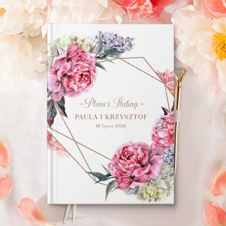 Planer ślubny to niezbędnik dla Pary Młodej. Piękny wzór graficzny w postaci kwiatów piwonii.