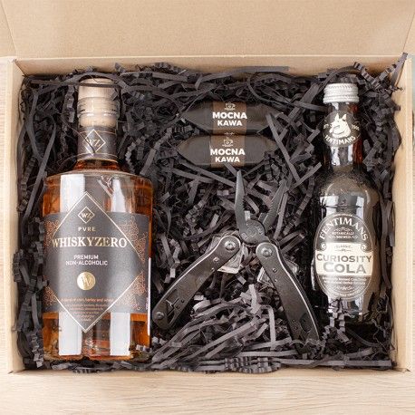 Męski prezent w pudełku, bezalkoholwa whisky premium, narzędzie wielofunkcyjne, krówki i naturalny napój cola