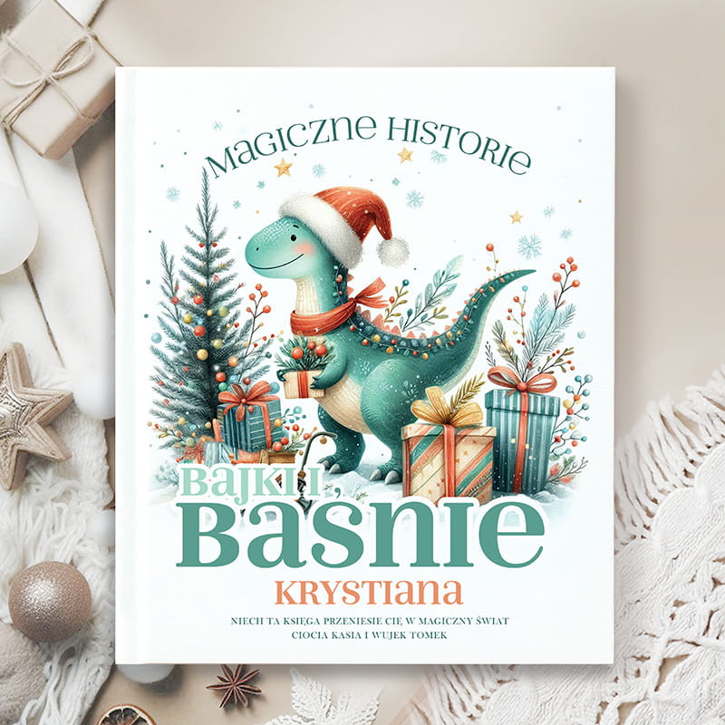 Świąteczna książka z baśniami i motywem dinozaura