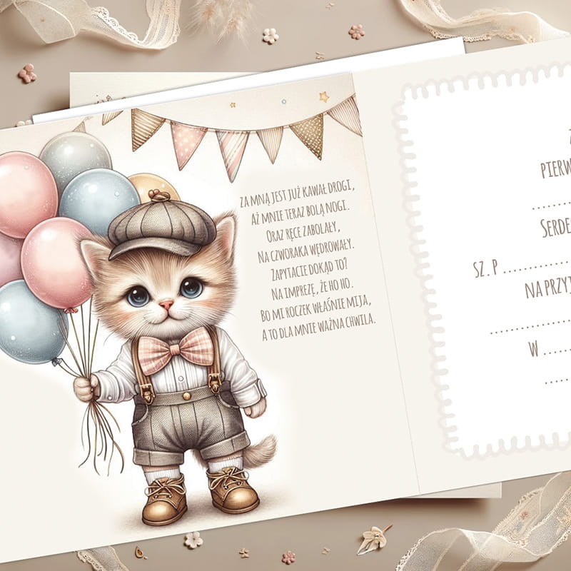 Zaproszenie urodzinowe z motywem kotka