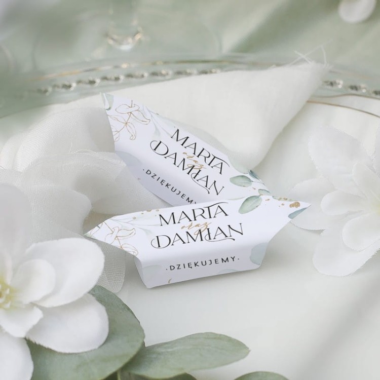 Krówki weselne z motywem Ślubny Eukaliptus dla gości.