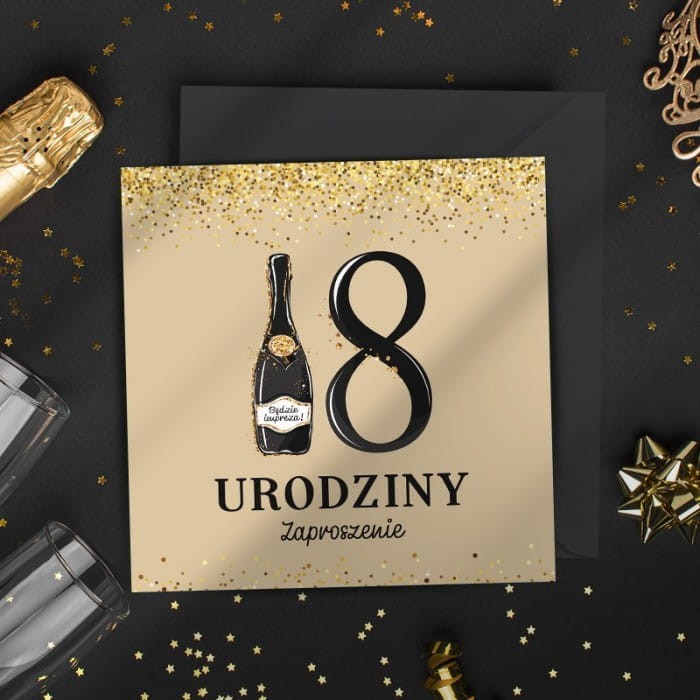 ZAPROSZENIA na 18 urodziny Złoto & Czerń 10szt