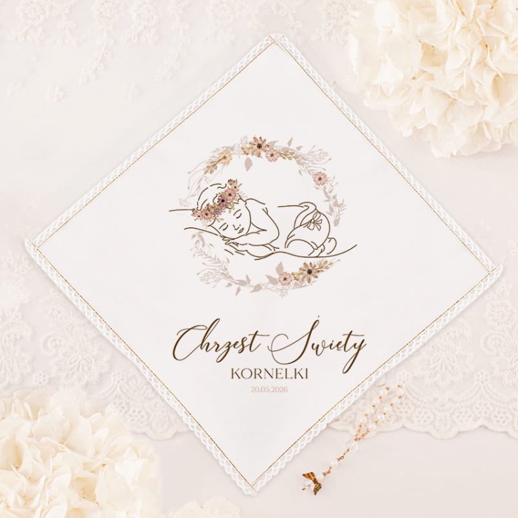 Szatka-na-Chrzest-Swiety-dziewczynki.-Chusteczka-w-bialym-kolorze-z-motywem-spiacej-dziewczynki.jpg