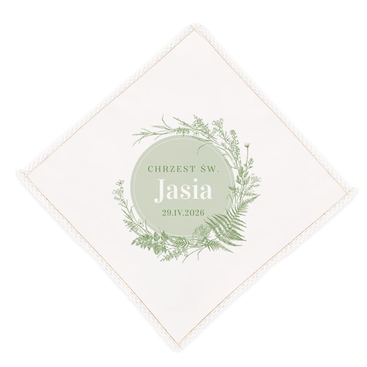 Szatka-na-Chrzest-w-bialym-kolorze-z-zielona-grafika.-Wewnatrz-wianka-z-paproci-znajduje-sie-personalizacjaa.jpg