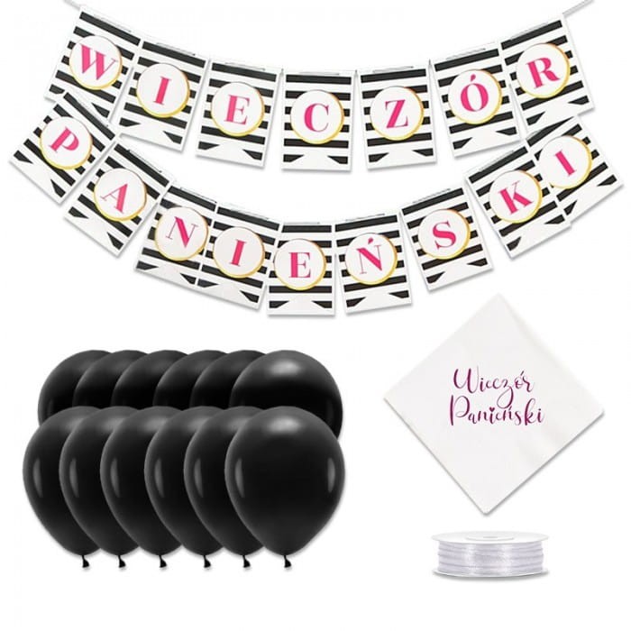 ZESTAW dekoracji na Wieczór Panieński Czerń i Fuksja (baner balony serwetki)