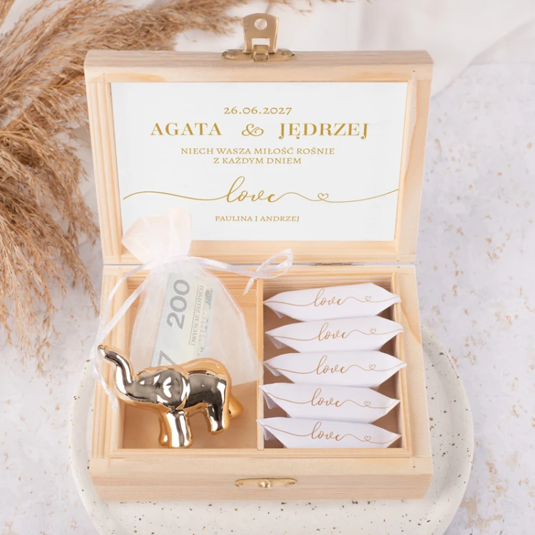 Personalizowane pudełko na pieniądze ślubne, drewniane pudełko na prezent ślubny, pudełko z życzeniami dla Pary Młodej, prezent na ślub.