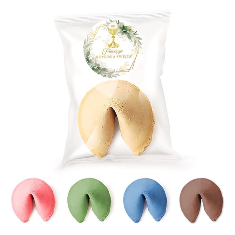 Komunijne ciasteczko z wróżbą etykietą z motywem kielicha