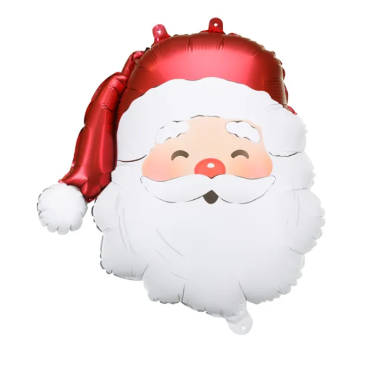 Balon w kształcie głowy Świętego Mikołaja. Cechuje go uśmiechnięta twarz, rumiane policzki i klasyczna czerwona czapka z białym pomponem. Biała broda jest z wyraźnym konturem.