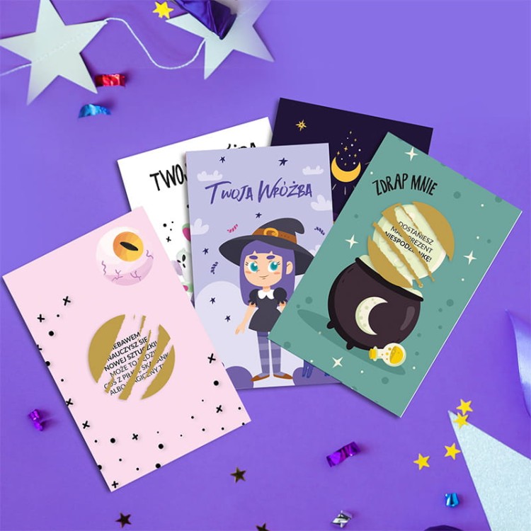 Karty z wróżbami andrzejkowymi w formie zdrapek z kolorowymi grafikami i ilustracjami.