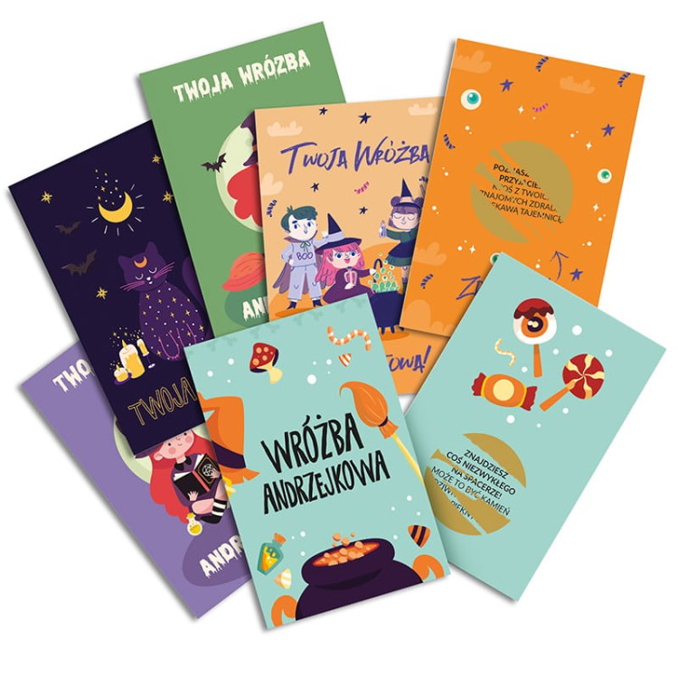 Karty z wróżbami andrzejkowymi w formie zdrapek z kolorowymi grafikami i ilustracjami.