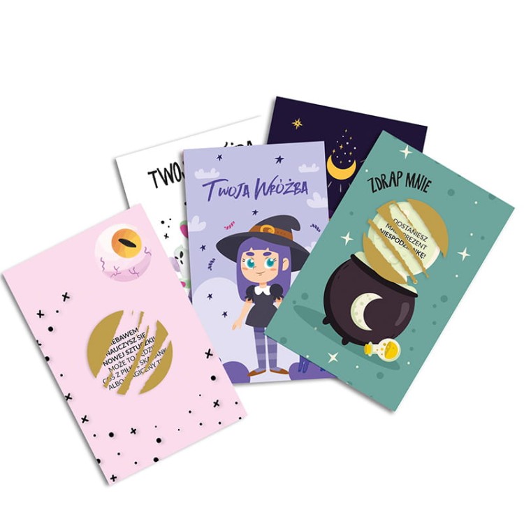 Karty z wróżbami andrzejkowymi w formie zdrapek z kolorowymi grafikami i ilustracjami.