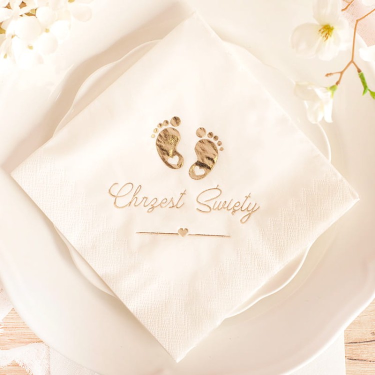 Serwetka na chrzest święty w złocie z nadrukiem małych stóp