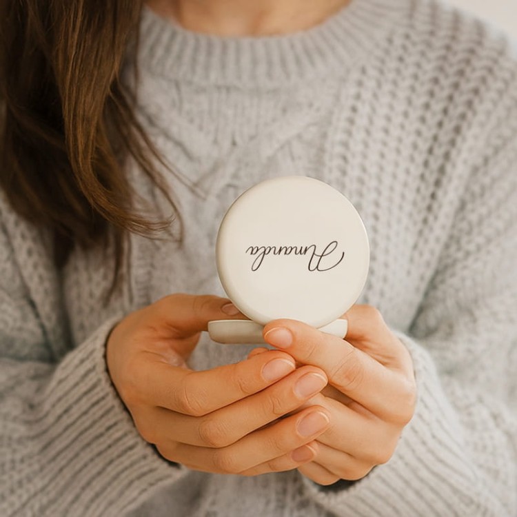 Kobieta trzyma personalizowane lusterko z imieniem, idealne do codziennego makijażu.