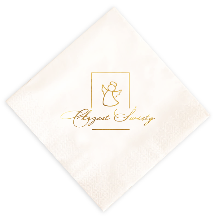 Serwetka biała ze złotym napisem i aniołkiem na chrzest