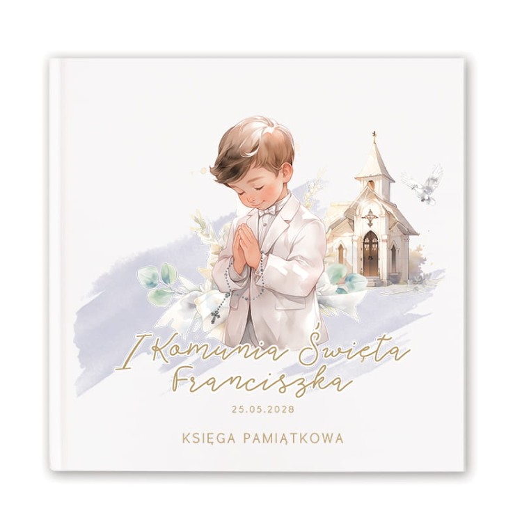 Księga życzeń na Komunię chłopca z twardą oprawą i delikatną grafiką