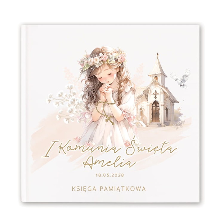 Księga pamiątkowa z imieniem dziecka, ozdobiona ilustracją dziewczynki i kościoła