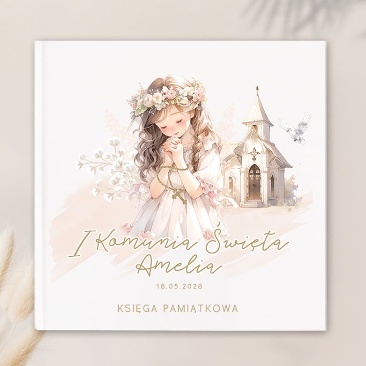 Personalizowana księga pamiątkowa na wpisy gości na Pierwszą Komunię Świętą dziewczynki