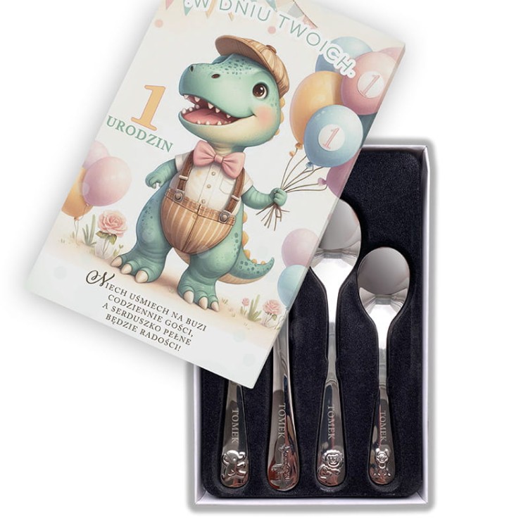 Urocze sztućce z imieniem i ilustracją dinozaura, elegancki prezent na roczek