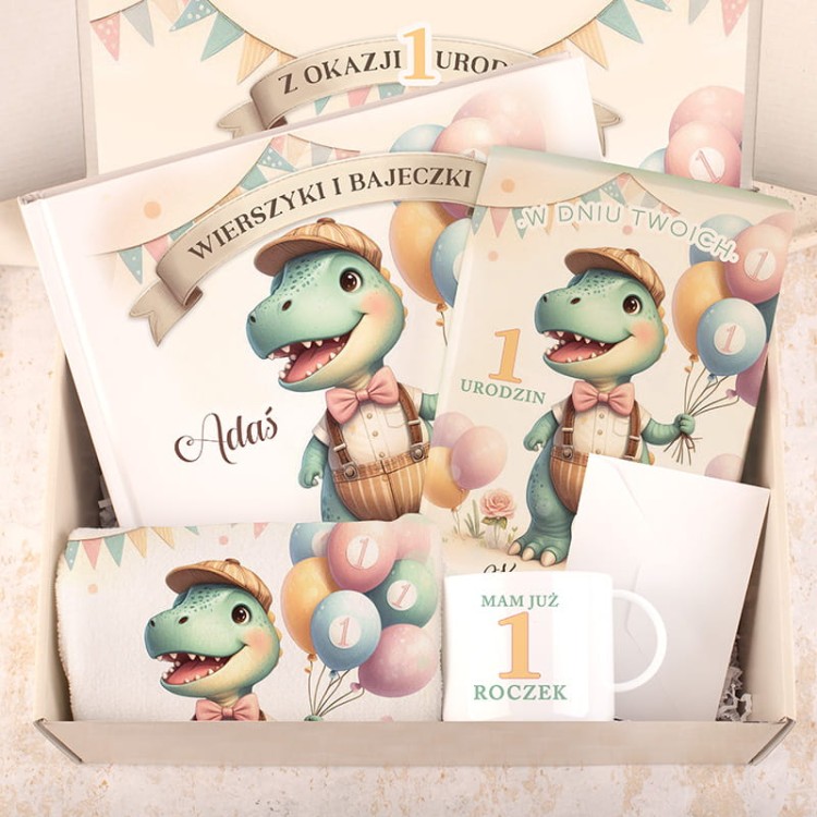 Personalizowana książeczka „Wierszyki i bajeczki” z ilustracją dinozaura i imieniem dziecka na okładce.