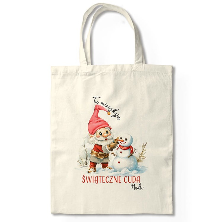 Personalizowana torba prezentowa z grafiką skrzata i bałwanka, idealna na pakowanie świątecznych podarunków.