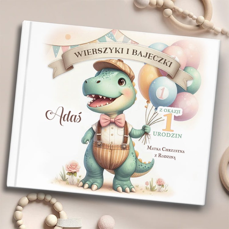 Personalizowana książeczka z dinozaurem jako prezent na roczek dziecka