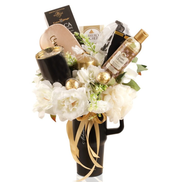 Oryginalny prezent w formie bukietu z praktycznym kubkiem termicznym.