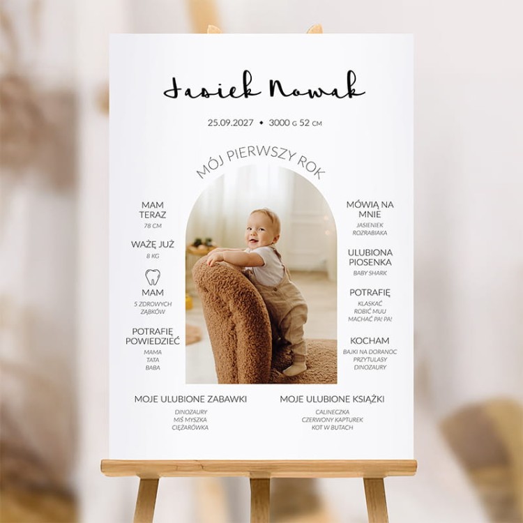 Personalizowany plakat urodzinowy z metryczką i zdjęciem dziecka na roczek.
