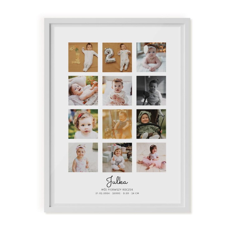 Personalizowany plakat prezentujący pierwsze 12 miesięcy życia dziecka.