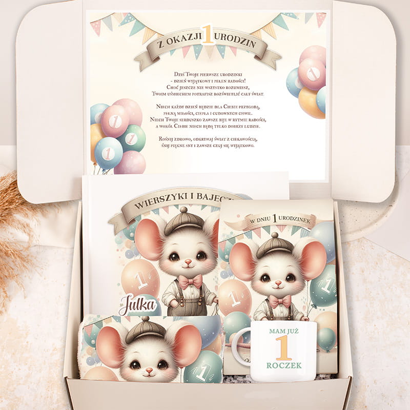 Zestaw prezentowy na roczek z myszką i balonami