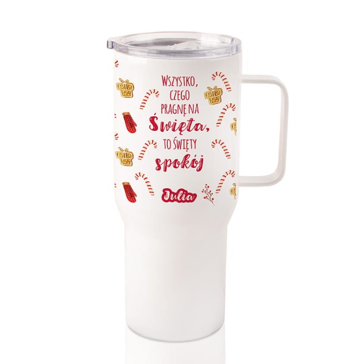 bialy kubek a swieta z grafika