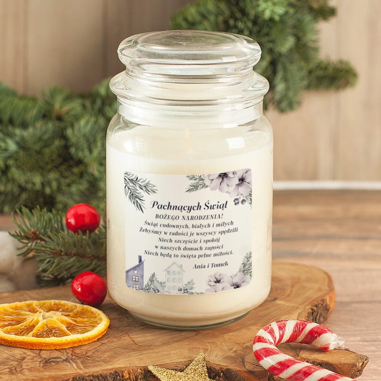 Świąteczna świeca zapachowa w szkle z personalizowaną etykietą i ozdobnym wieczkiem