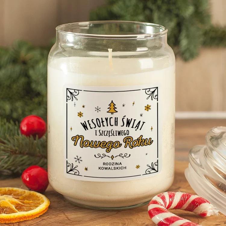 Świeca w szkle z czarno-złotą etykietą i możliwością dodania imion lub logo