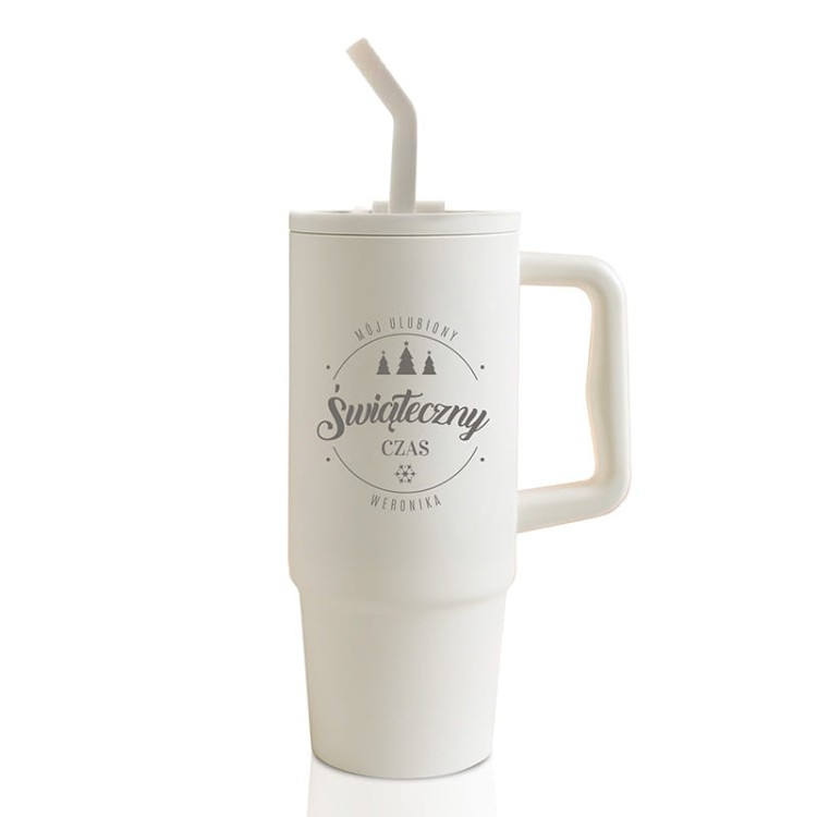 Stylowy prezent na święta – kubek termiczny z zimowym nadrukiem.