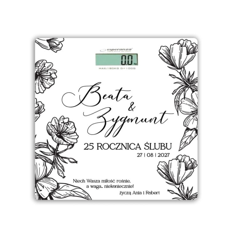 Waga z nadrukiem kwiatowym i datą rocznicy ślubu