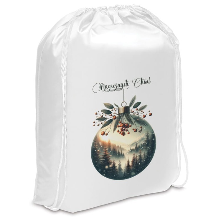Świąteczny worek na prezenty z grafiką bombki i lasu