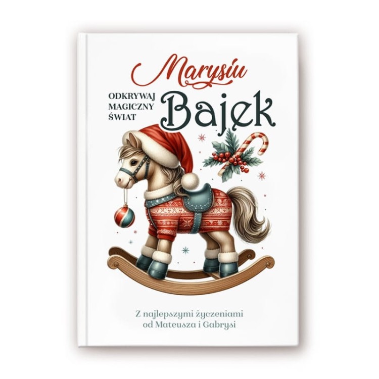 Okładka książki dla dzieci z konikiem na biegunach i zimową grafiką