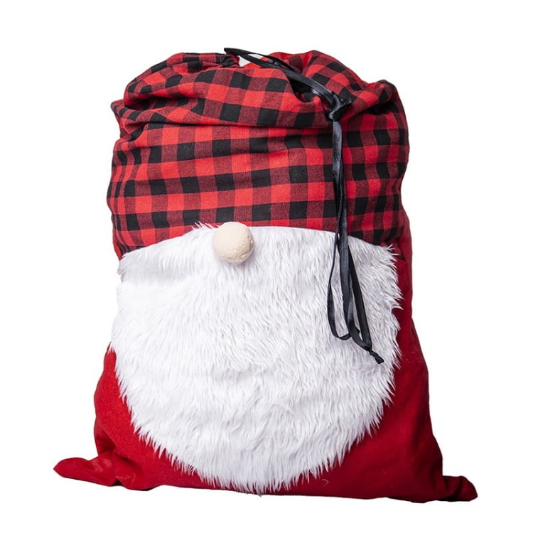 Świąteczny worek z noskiem i sznurkiem do zamykania, idealny pod choinkę.