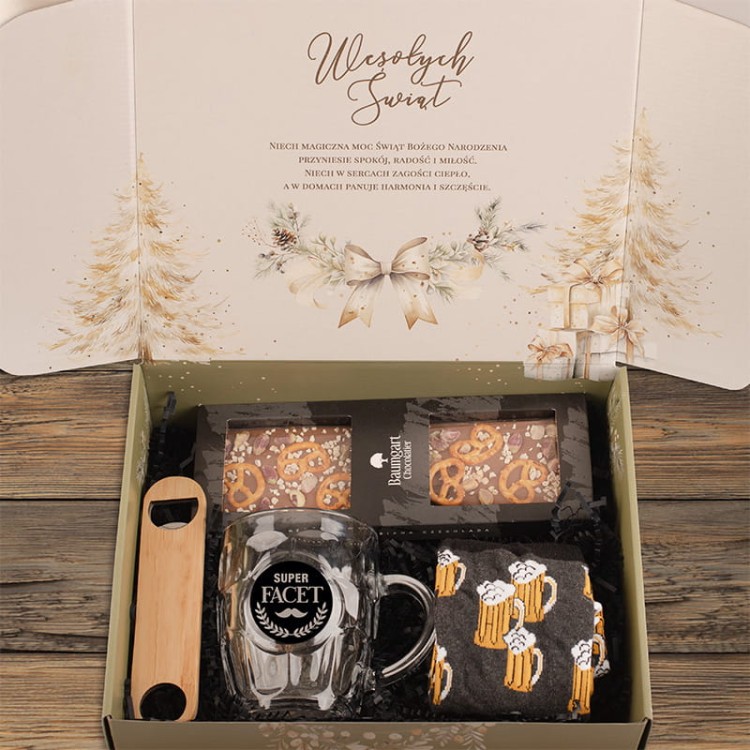 Zestaw prezentowy dla fana piwa z kuflem i czekoladą