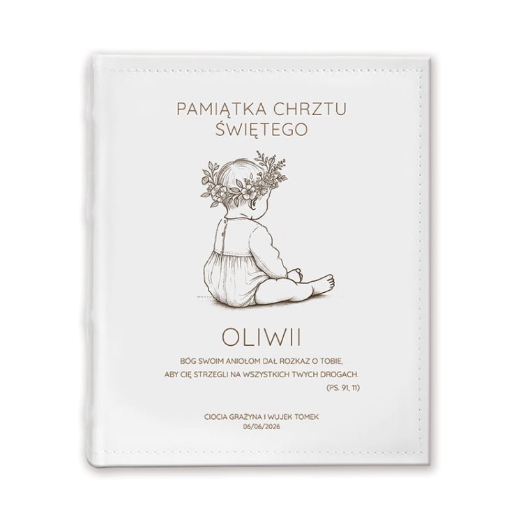 Album chrzest dziewczynki z rysunkiem dziecka i imieniem