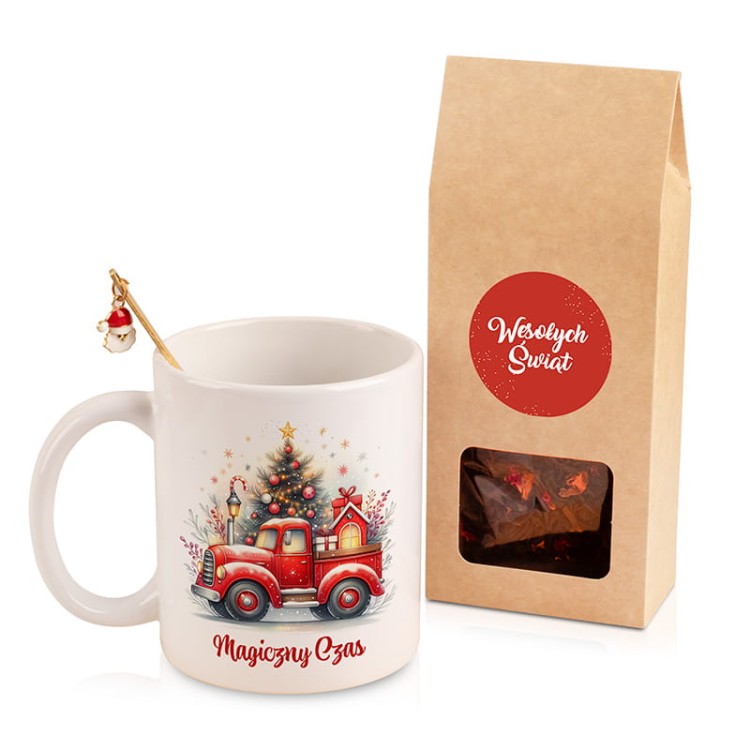 Zestaw świąteczny z napisem „Wesołych Świąt” i dekoracyjną łyżeczką