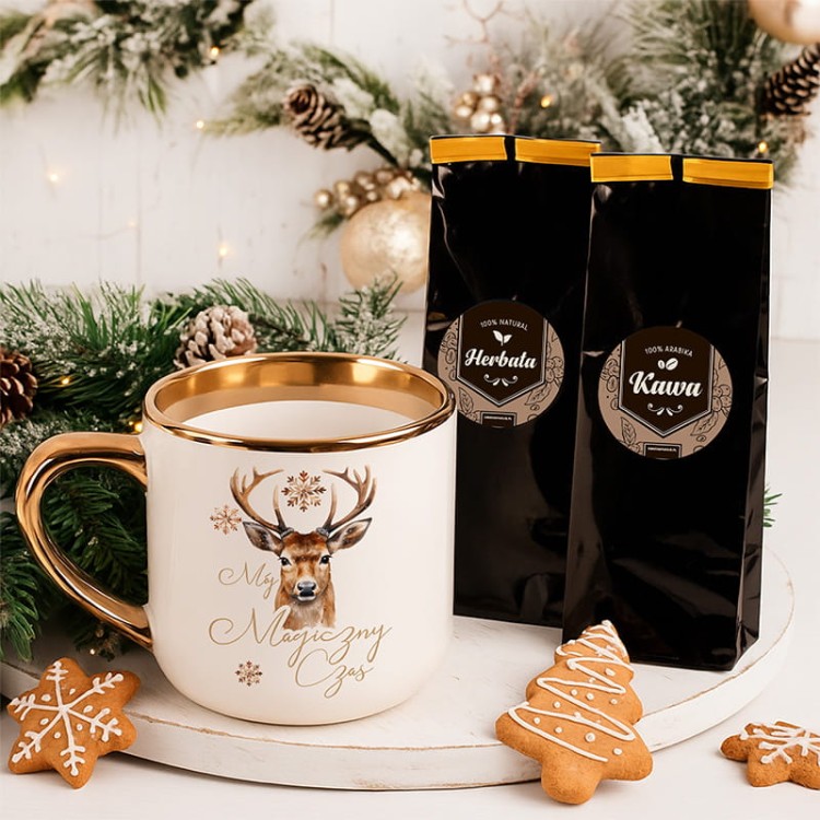 Świąteczny zestaw z kubkiem, kawą i herbatą jako elegancki prezent na Boże Narodzenie