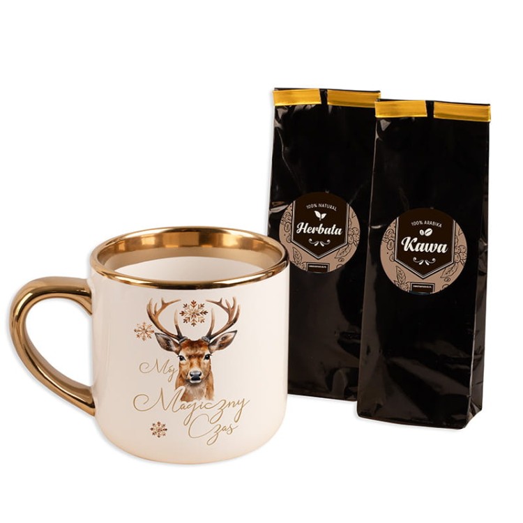 Porcelanowy kubek z jeleniem i złotym wykończeniem w komplecie z herbatą i kawą