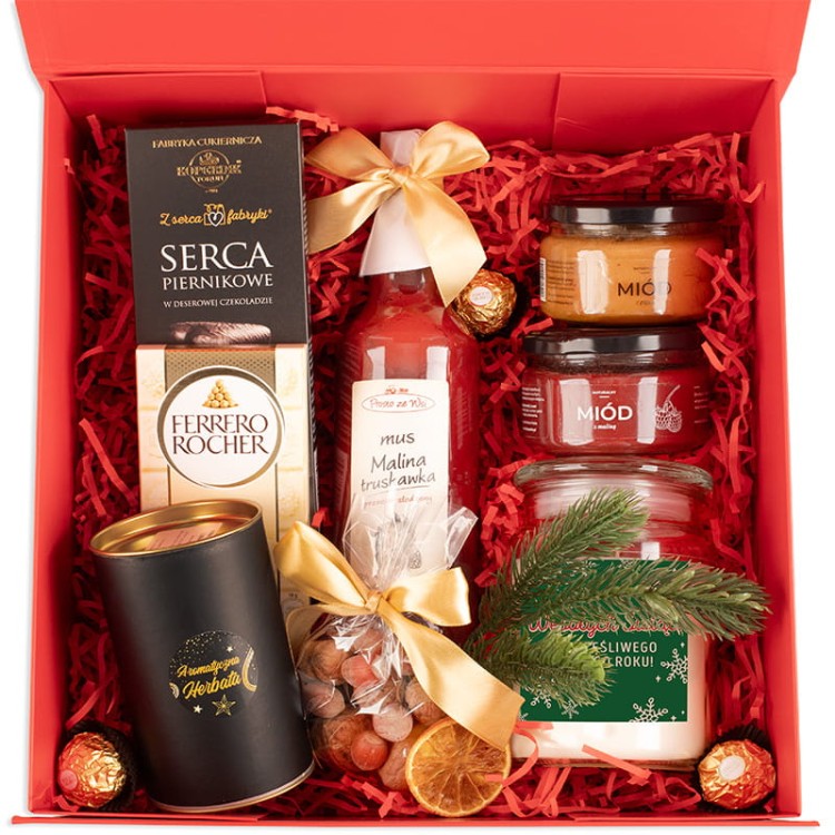 Świąteczny kosz prezentowy z naturalnymi produktami i dekoracjami