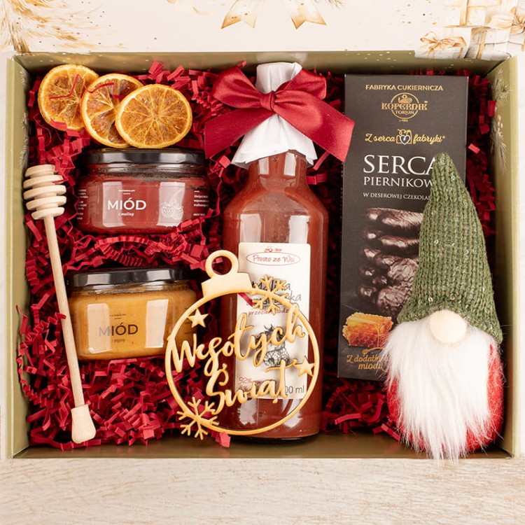 Zestaw świąteczny z miodem, piernikami i skrzatem w ozdobnym pudełku