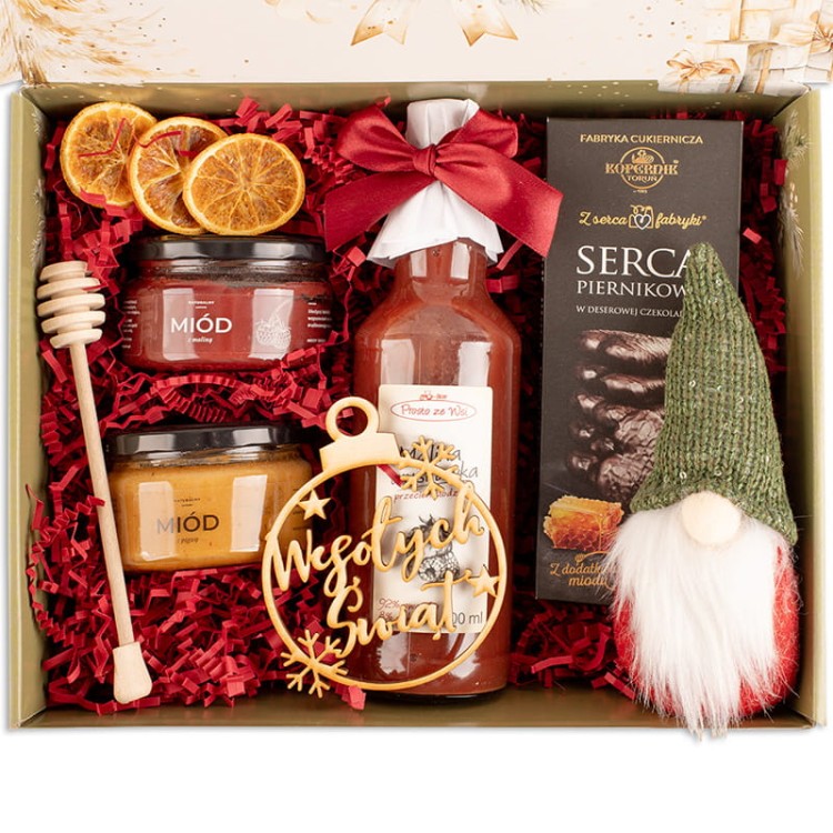 Gotowy prezent świąteczny z naturalnymi przetworami i dekoracjami