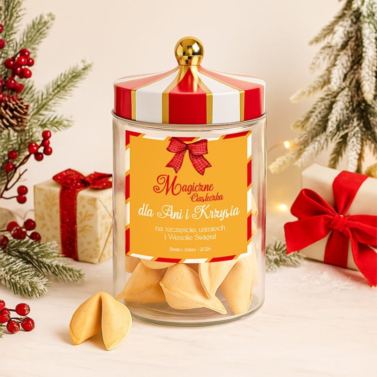 Personalizowany słoik z ciasteczkami z wróżbą jako oryginalny świąteczny upominek dla miłośnika słodkości.